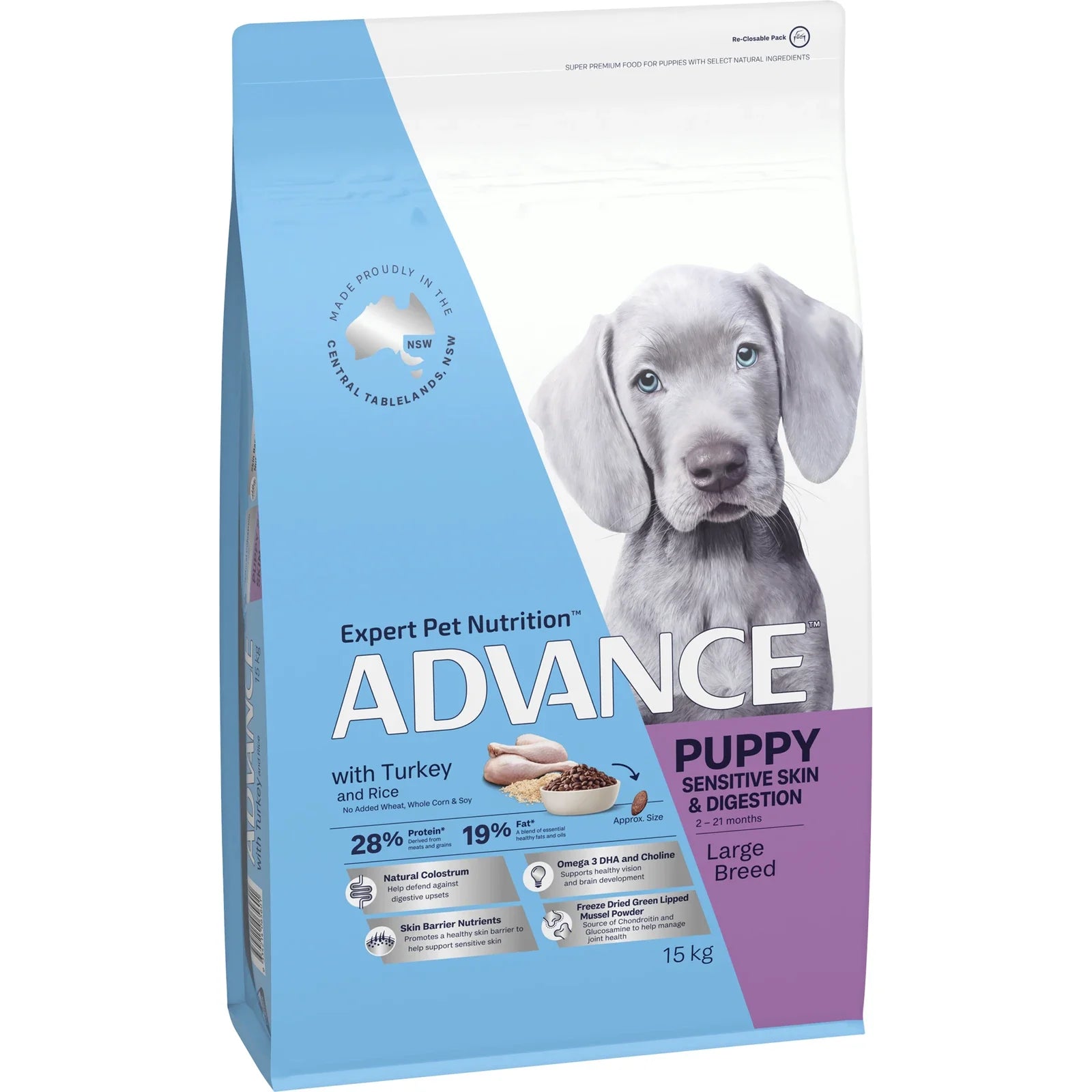 ADVANCE Sensitive Skin & Digestion Large Puppy Dry Dog Food Kibble Turkey And Rice 15kg - 15kg - Dry Dog Food - Cat N Dog Shop