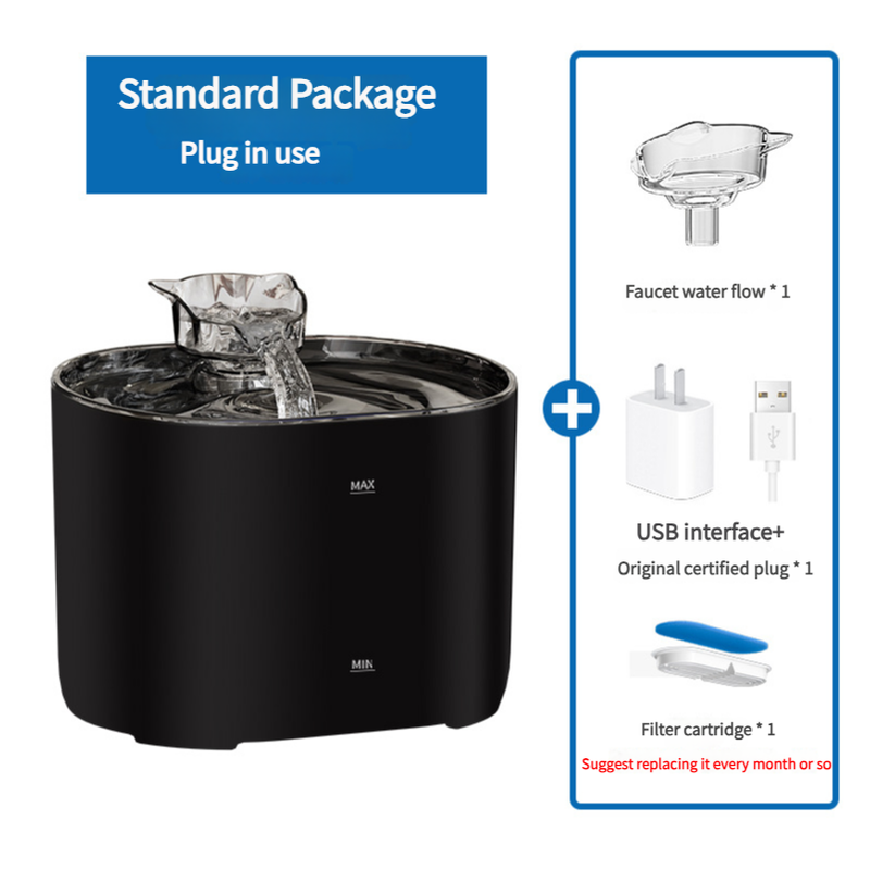 2.2L Standard Package Pet Water Fountain with Faucet Flow and USB Plug – Black Design - Default Title - Pet Care > Cat Supplies > Cat Bowls, Feeders & Waterers - Cat N Dog Shop
