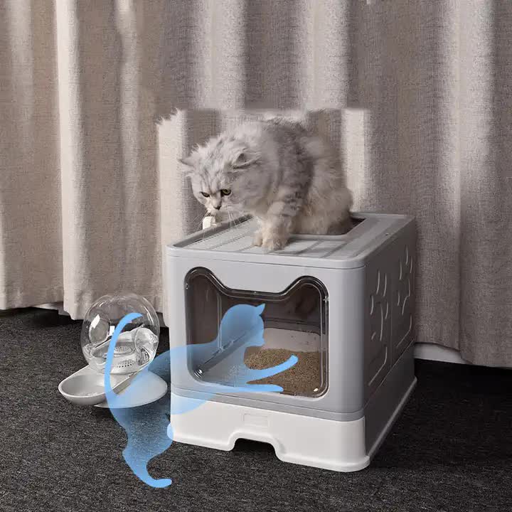 Foldable Cat Litter Box with Pull-Out Tray -Easy Cleaning and Anti-Splash Design Grey 51*41*38cm - Default Title - Pet Care > Cat Supplies > Cat Carriers & Crates - Cat N Dog Shop