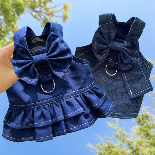 Stylish Pet Denim Harness Dress Set with T-Shirt for Small Dogs