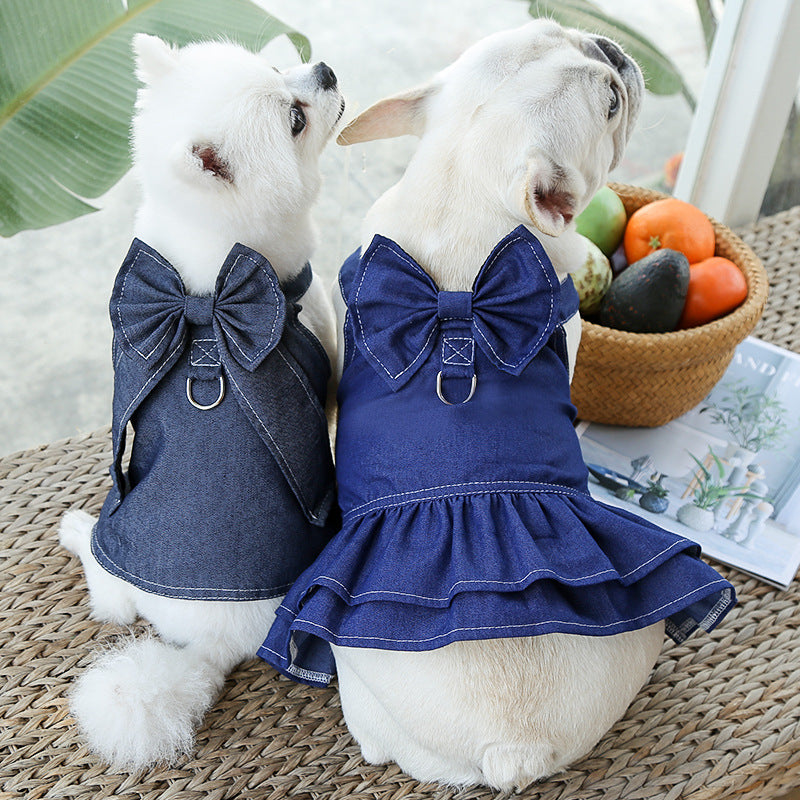 Stylish Pet Denim Harness Dress Set with T-Shirt for Small Dogs