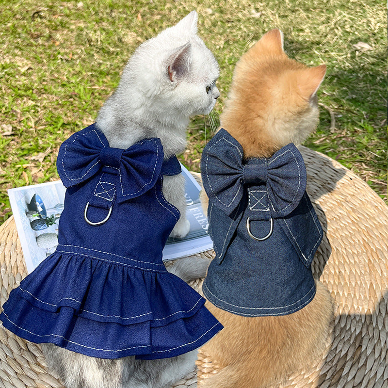 Stylish Pet Denim Harness Dress Set with T-Shirt for Small Dogs