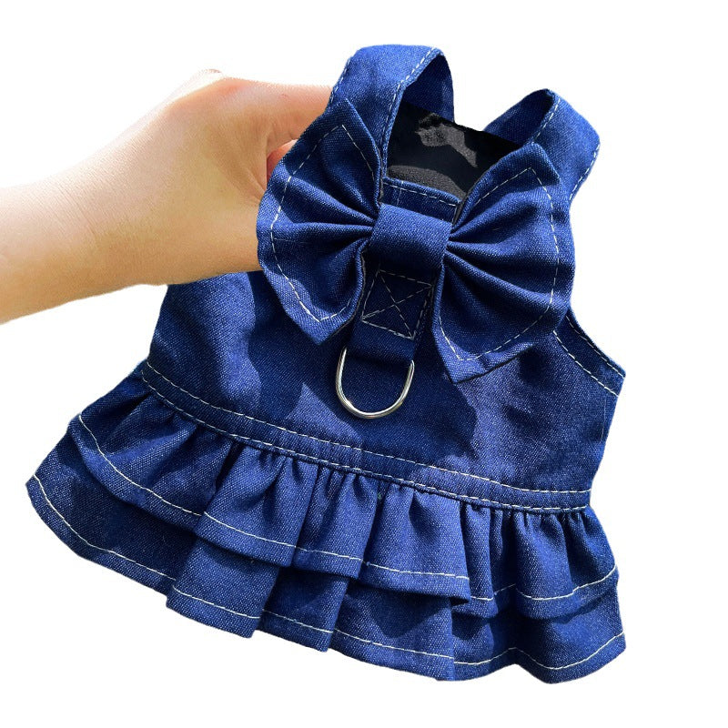 Stylish Pet Denim Harness Dress Set with T-Shirt for Small Dogs