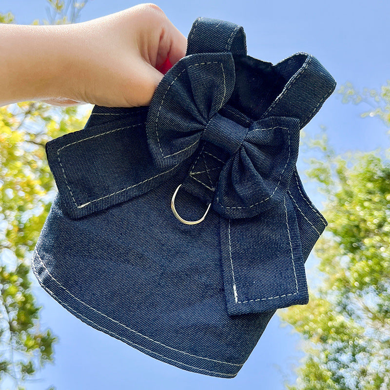 Stylish Pet Denim Harness Dress Set with T-Shirt for Small Dogs