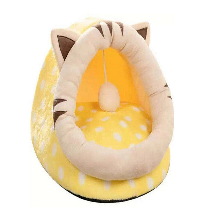 Yellow Half-Enclosed Cat Bed - Soft Short Velvet Fabric with Sponge + PP Cotton Filling, S Size (28x28x30 cm) - Default Title - Pet Care > Cat Supplies > Cat Furniture - Cat N Dog Shop