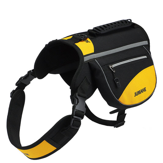 Yellow Reflective Dog Saddle Harness with Storage Bags for Outdoor Adventures